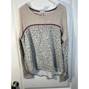 Knox Rose Leopard Print Waffle Knit Long Sleeve Top Womens Size L